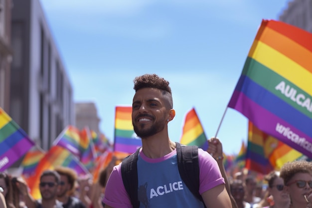 Attivisti LGBTQ che marciano con cartelli d'impatto Generative ai