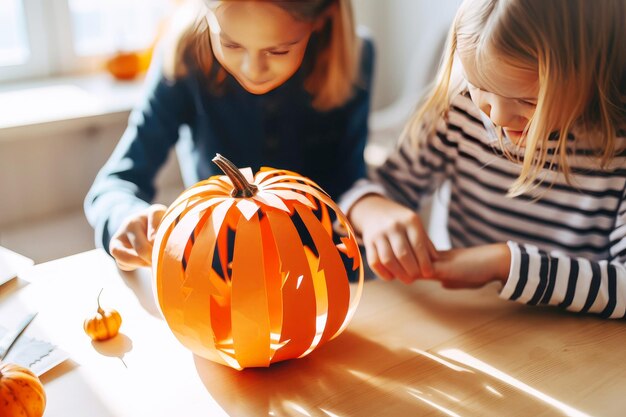 Attività autunnale creativa due bambine che tagliano la zucca di carta