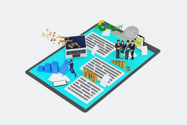 Attività commerciali su scheda di carta imprenditore gestire transazioni di denaro con grafico e dati statistiche informazioni rendering 3D