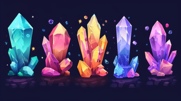 Attività di gioco di cartoni animati con pietre di materie prime di diamanti luminose Set di illustrazioni moderne di tesori di vetro minerario e pietre preziose