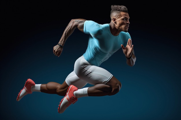 Attraente atleta uomo corridore in azione isolato su sfondo blu