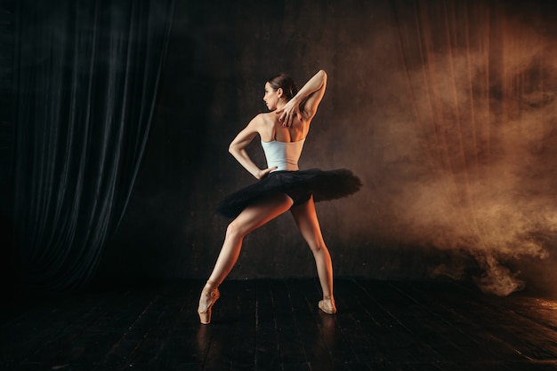 Attraente ballerina in azione, formazione di danza sul palco. Ballerina classica in movimento