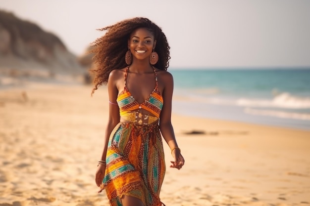 Attraente donna africana in bikini che cammina sulla spiaggia