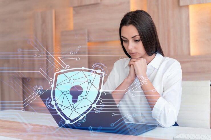 Attraente donna d'affari in camicia bianca sul posto di lavoro che lavora con il laptop per difendere la sicurezza informatica dei clienti Concetto di protezione delle informazioni dei clienti Ologramma del lucchetto sullo sfondo dell'ufficio