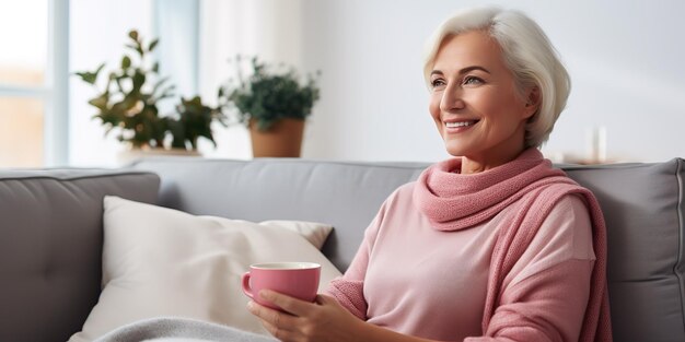 Attraente donna di mezza età è seduta sul divano del soggiorno e beve caffè o tè