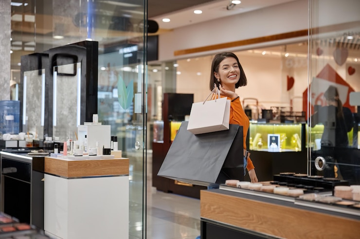 Foto attraente donna felice che esce dal negozio di cosmetici con le borse della spesa