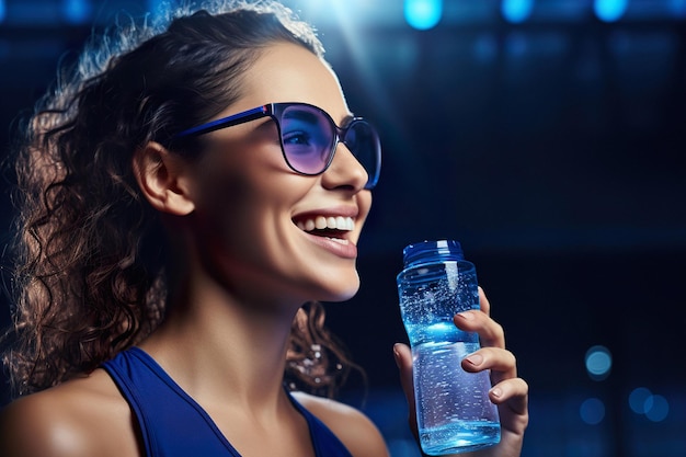 Attraente donna sportiva in abbigliamento sportivo con in mano una bottiglia d'acqua in uno sfondo minimalista a colori