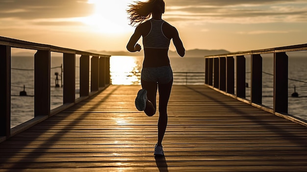 Attraente giovane donna atleta che corre all'aperto sulla terrazza in legno IA generativa