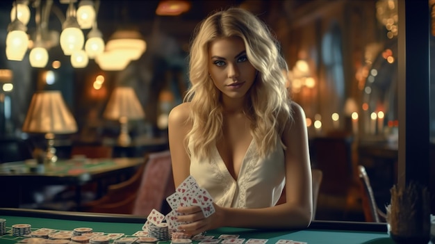 Attraente giovane donna che tiene la combinazione vincente di carte da poker