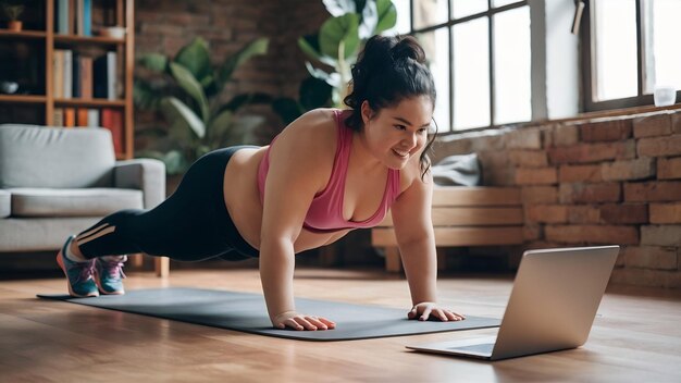 Attraente giovane donna in sovrappeso a piedi nudi che fa planca sul tappetino da yoga mentre si allena all'interno