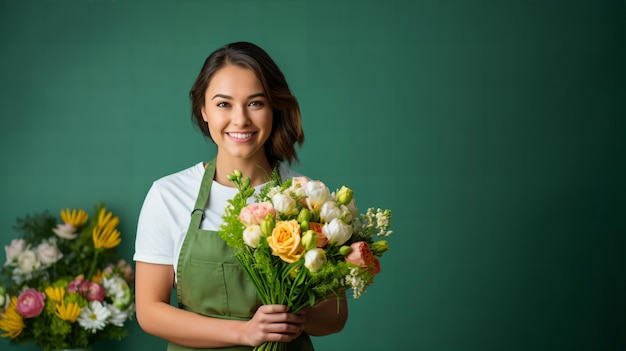 Attraente giovane fiorista femminile che tiene un mazzo di fiori