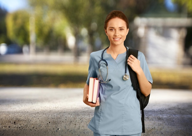 Attraente giovane studentessa di medicina con zaino e libri su sfondo sfocato