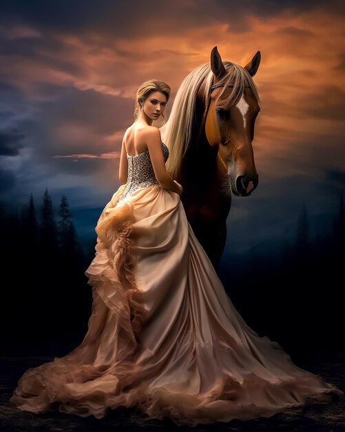 Attraente modella sexy che indossa il vestito reale perfetto con la fotografia di moda a cavallo