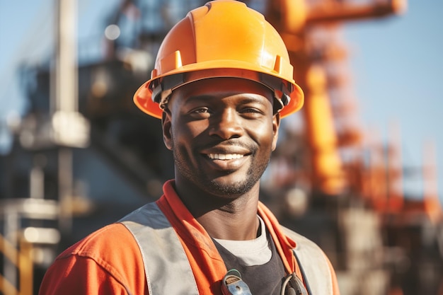 Attraente operaio petrolifero afroamericano al lavoro su una piattaforma di perforazione