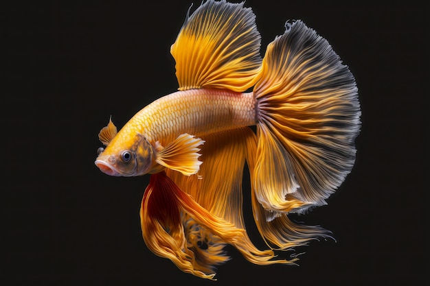 Attraente pesce betta predatore giallo arancio su sfondo nero