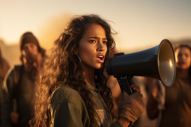 Attraente ragazza mulato urla attraverso il megafono in una manifestazione di protesta in close-up sulla folla sul viso