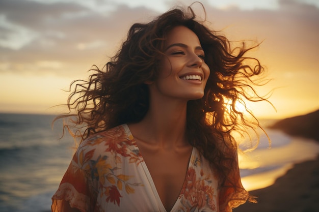 Attraente signora latina che si crogiola pacificamente al sole sulla riva al tramonto con gli occhi chiusi e i capelli ondeggianti nella brezza