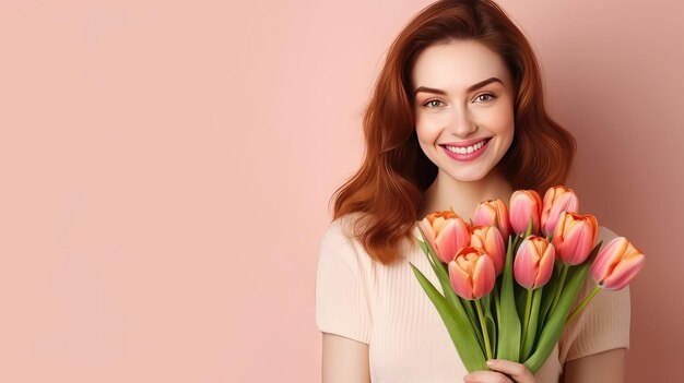 Attraente sorridente donna dai capelli rossi che tiene un mazzo di tulipani rosa copia spazio peach sfondo fuzz