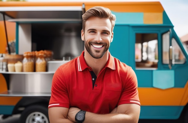 attraente sorridente uomo caucasico gestisce un camion di cibo all'aperto ritratto fast food per le strade