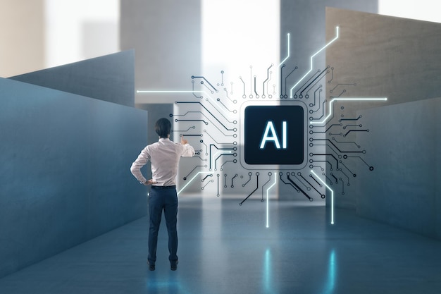 Attraente uomo d'affari europeo in piedi all'interno di cemento con microchip astratto AI e concetto tecnologico