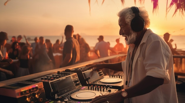 Attraente uomo invecchiato dai capelli grigi DJ a una festa in spiaggia durante il tramonto AI Summer Music Festival