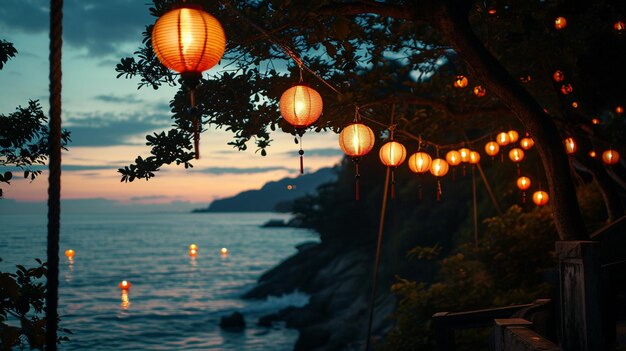 attraenti lanterne campane serali sul mare generate da ai