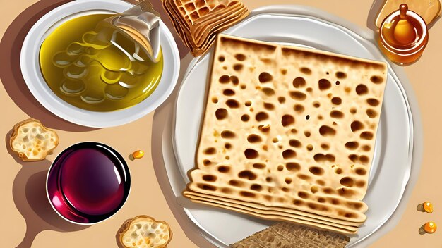 Attrattiva vista dall'alto del vino matza e del miele su una tavola marrone Passover Haggadah concetto