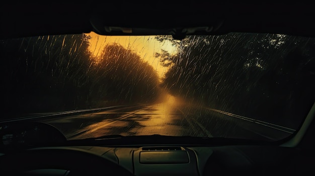 Attraverso il parabrezza bagnato dell'auto gli alberi appaiono come sagome sfocate nel tempo buio
