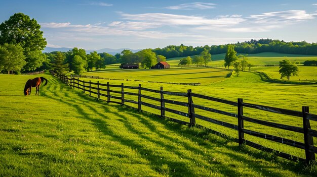 attraverso la casa di campagna che divide i lussureggianti campi verdi e i pascoli di cavalli pacificamente nelle vicinanze