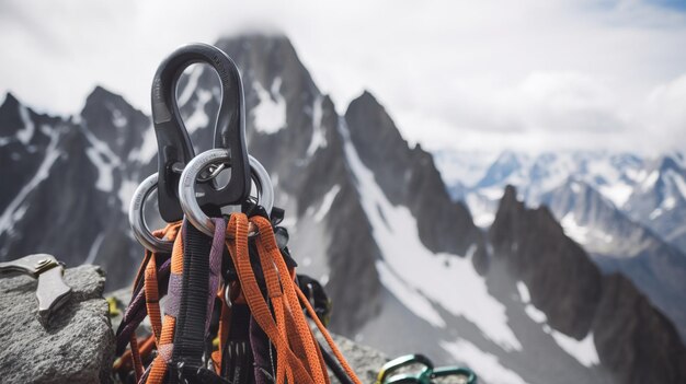 Attrezzatura da arrampicata per attività all'aperto montagne innevate sfondo superiore AI generato