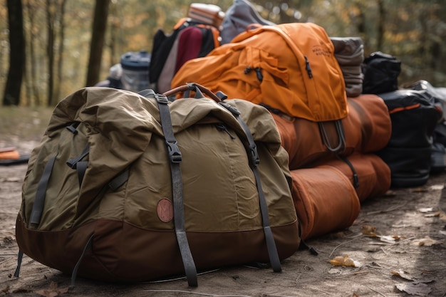 Attrezzatura da escursionismo sul sentiero nella foresta autunnale Zaino e borse da viaggio zaino davanti a una tenda da campeggio Attrezzatura da escursionismo AI Generato