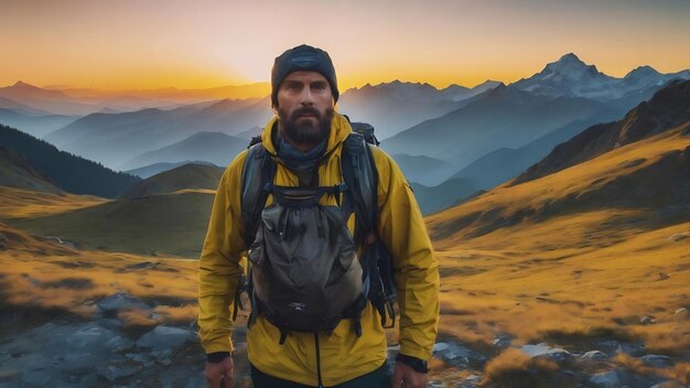 Attrezzatura da montagna e luce frontale su spalle gialle e occhi aperti confusi