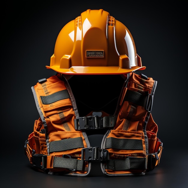 Attrezzatura di lavoro di casco arancione e giubbotto di sicurezza a sfondo scuro