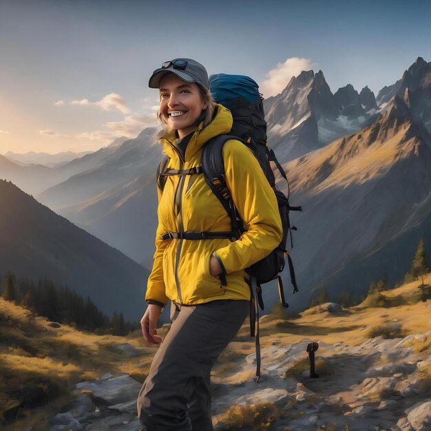 Attrezzatura di montagna e luce frontale su giallo guarda da parte sorridendo allegro e piacevole