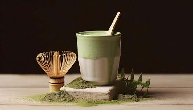 Attrezzatura Matcha Latte con polvere verde sul tavolo