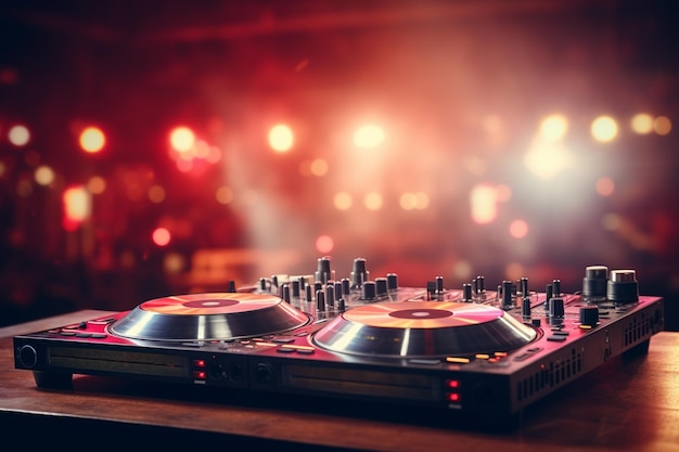 attrezzature DJ in un club con uno sfondo sfocato