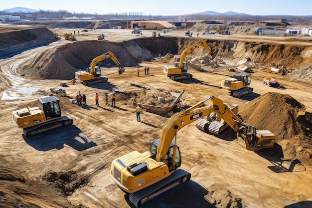 Attrezzature movimento terra Vista aerea di un grande cantiere con diverse macchine movimento terra