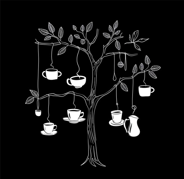 attrezzature per il caffè appese agli alberi di caffè