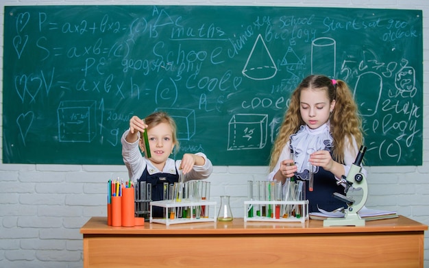 Attrezzature scolastiche per il laboratorio Ragazze sulla lezione di chimica della scuola Bambini impegnati con l'esperimento Istruzione scolastica Partner di laboratorio scolastico Analisi chimica Provette con sostanze colorate