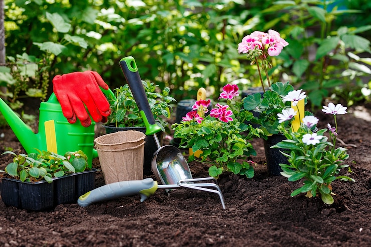 Foto attrezzi da giardinaggio e piante sullo sfondo del suolo. concetto di opere di giardino di primavera.