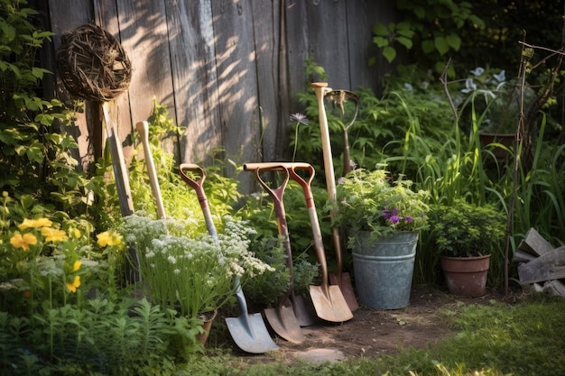 Attrezzi da giardino appoggiati vicino a un terreno ben curato creato con intelligenza artificiale generativa