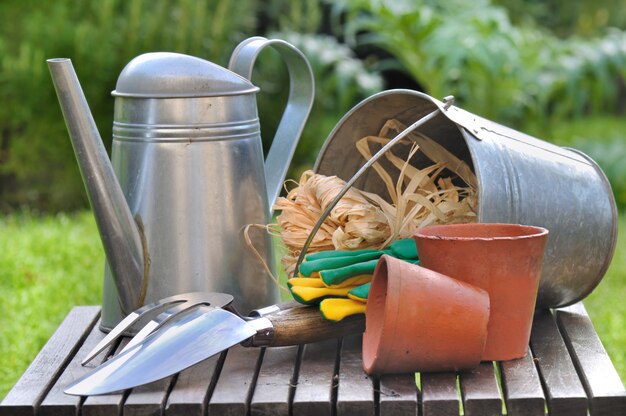 Attrezzi da giardino e accessori su tavola di legno all'esterno