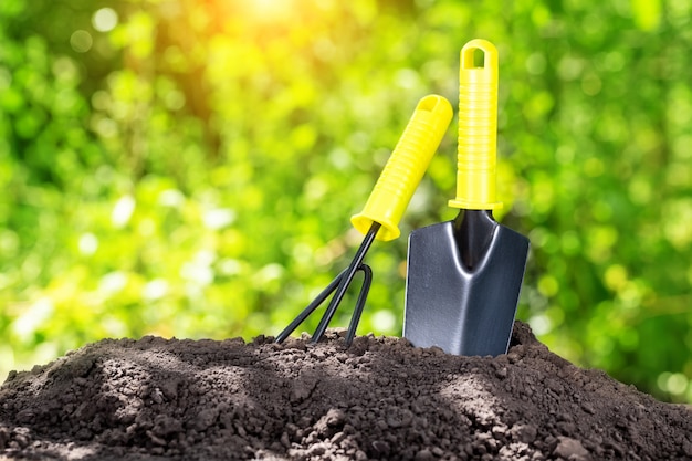 Attrezzi da giardino in mucchio di terra contro il fogliame