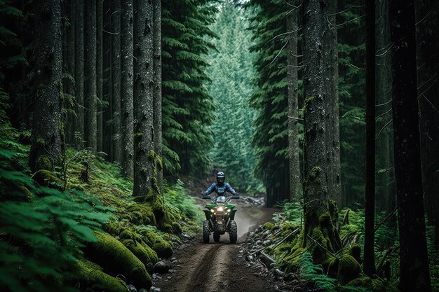 Atv a cavallo attraverso una fitta foresta di alberi sul sentiero di montagna