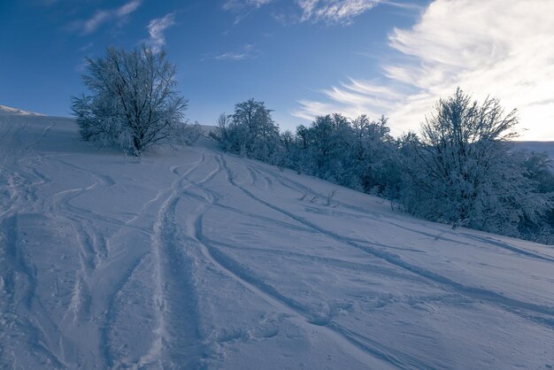 ATV e piste da sci sulla neve in una gelida giornata invernale