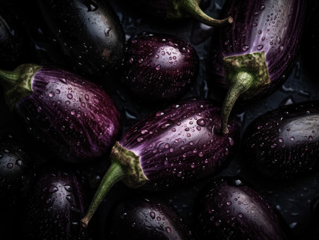 Aubergine fresca con gocce d'acqua Close Up Full frame background top view