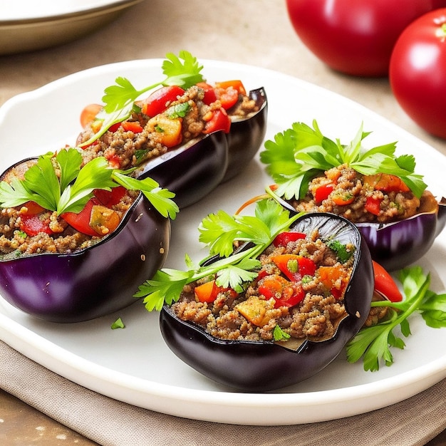 Aubergine stuffate turche con carne macinata e verdure cotte in salsa di pomodoro