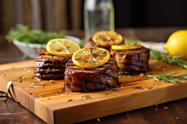 Aubergine su tavola di cedro con limone alla griglia e rosmarino creato con ai generativo