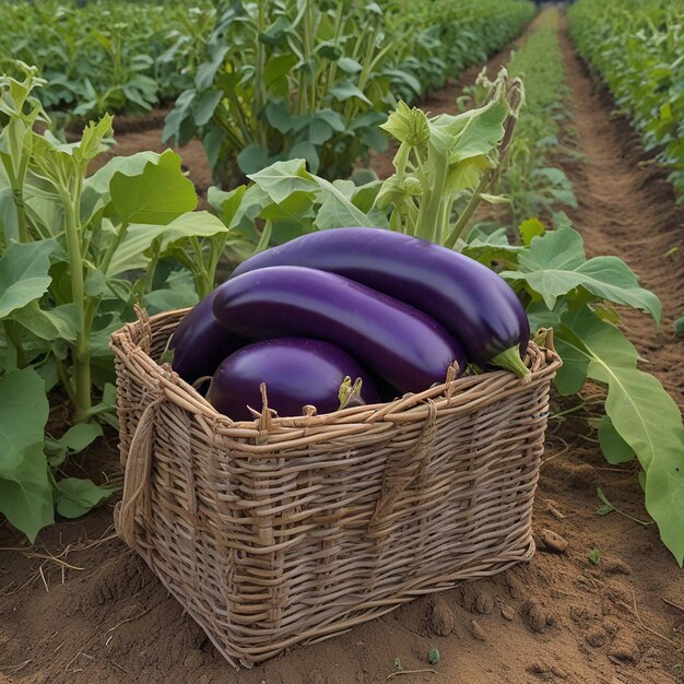 Aubergine viola fresca cruda in un cesto di vimini ai Foto