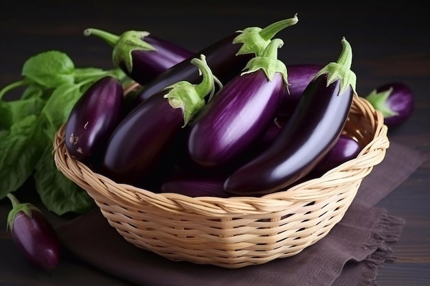 Aubergines biologiche in un cesto su sfondo bianco